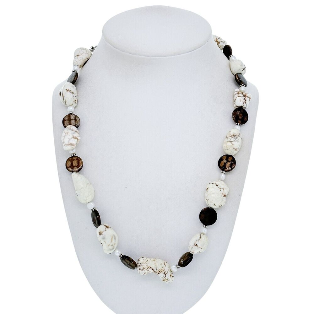 Estate Donna Dressler Sterling Silver 925 Howlite Beaded Necklace 18"-21"